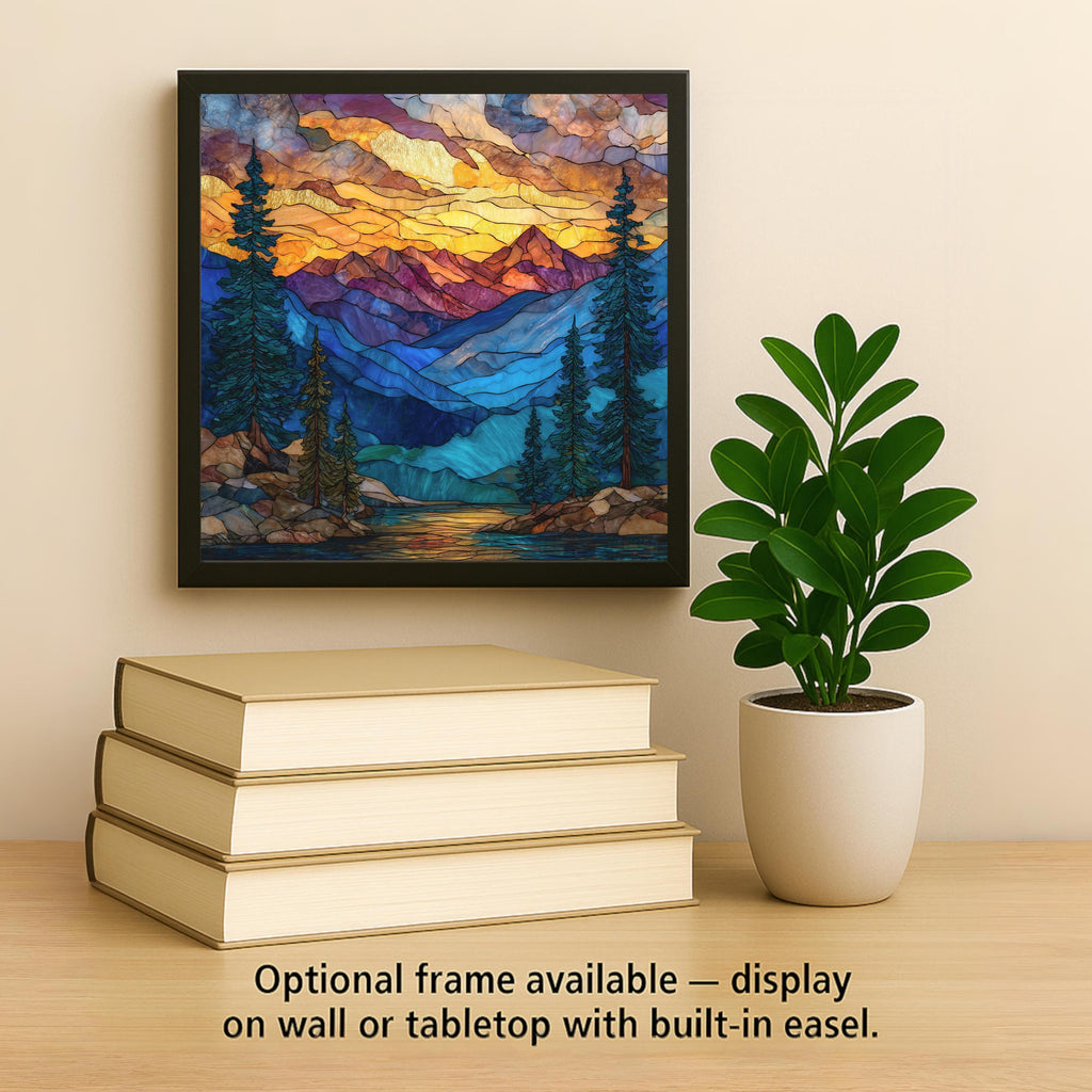 Rocky Mountains Ceramic Tile Wall Art – Stained Glass Style Mountain Landscape, Alpine Forest Home Decor, Nature Inspired Art Tile