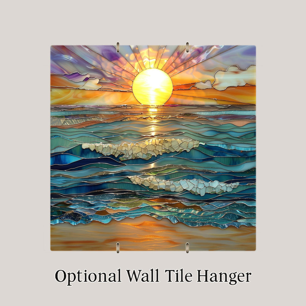 Ocean Sunset Ceramic Tile Wall Art – Stained Glass Style Coastal Seascape, Beach Wall Decor, Ocean Waves Home Decor Gift