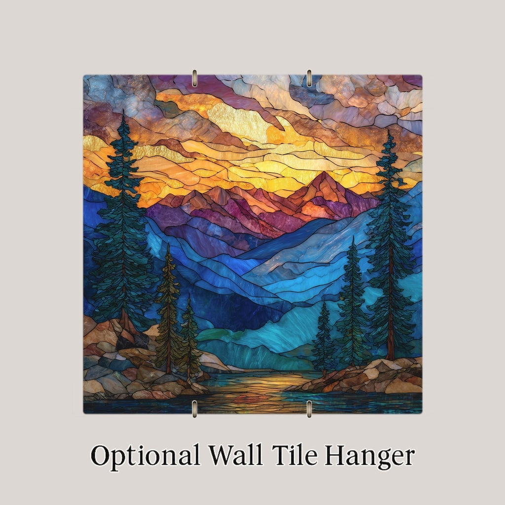 Rocky Mountains Ceramic Tile Wall Art – Stained Glass Style Mountain Landscape, Alpine Forest Home Decor, Nature Inspired Art Tile