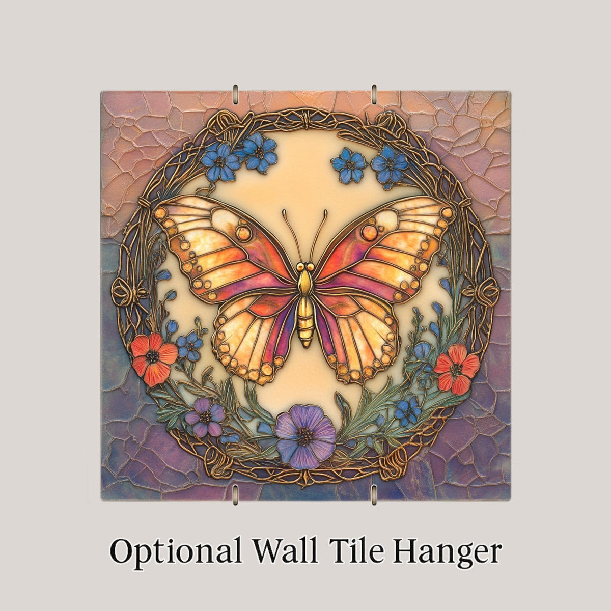 Art Nouveau Butterfly Ceramic Tile: Stained Glass Style Wall Art Floral Home Decor