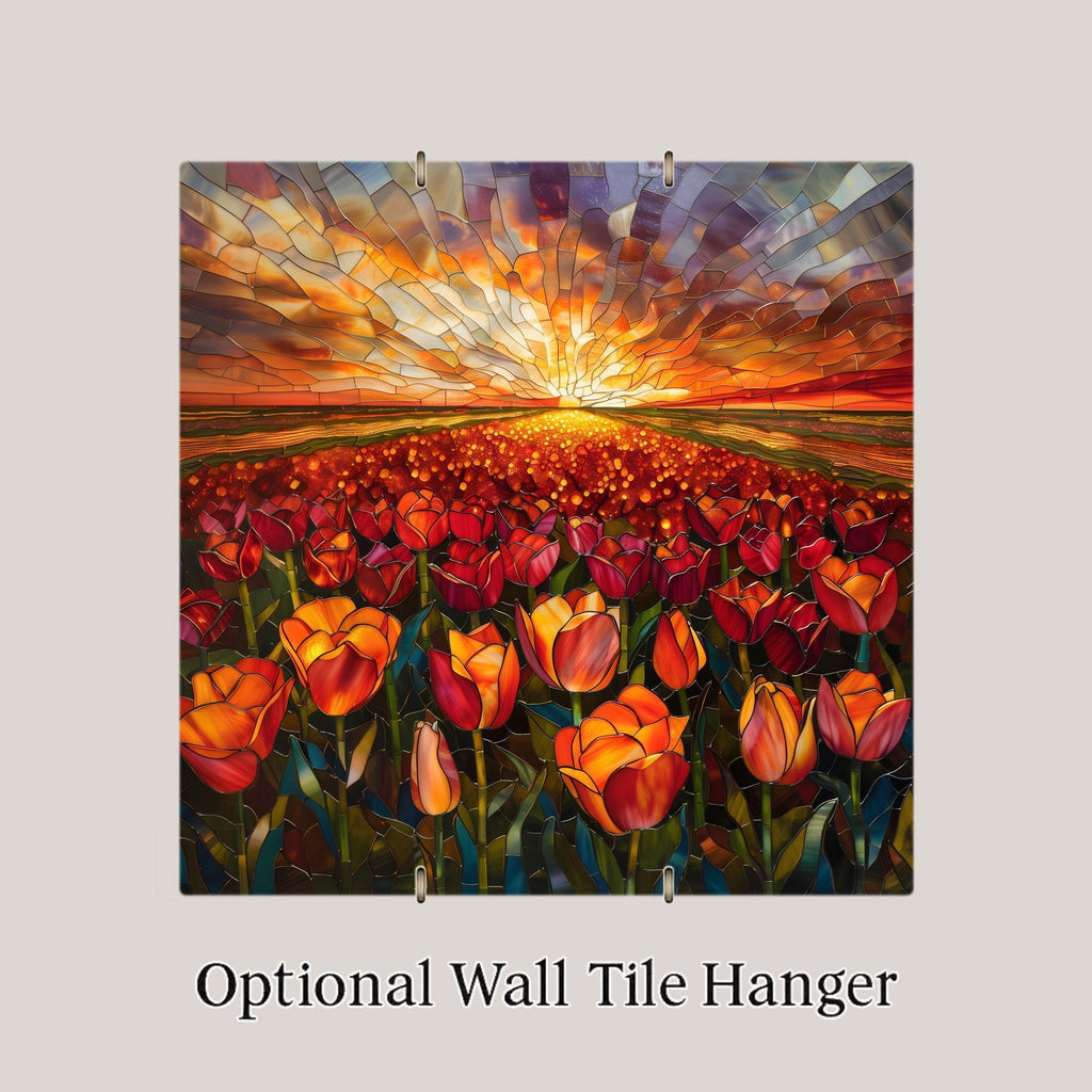 Tulip Field Sunset Wall Art Ceramic Tile Stained Glass Style Landscape Decor Red Orange Floral Home Gift Tile