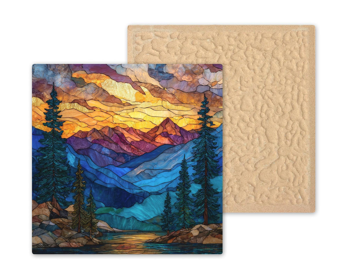 Rocky Mountains Ceramic Tile Wall Art – Stained Glass Style Mountain Landscape, Alpine Forest Home Decor, Nature Inspired Art Tile