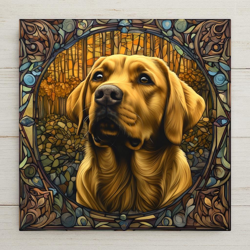 Stained glass style Labrador retriever ceramic tile portrait with warm amber and gold light on the lab's happy expressive face against a cobalt and teal background, a vivid and loving Labrador memorial and dog lover gift.