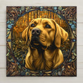Stained glass style Labrador retriever ceramic tile portrait with warm amber and gold light on the lab's happy expressive face against a cobalt and teal background, a vivid and loving Labrador memorial and dog lover gift.