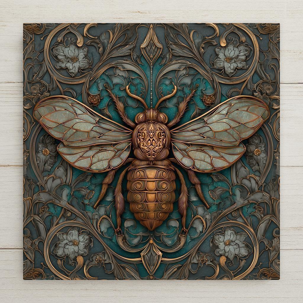Art Nouveau bee ceramic tile wall art featuring a detailed golden bee with translucent wings, surrounded by flowing botanical floral patterns in teal and bronze tones, stained glass style nature decor.