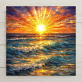 A stained glass–style ceramic tile artwork showing a golden sun rising over rolling ocean waves. Radiating sun rays fill the sky while blue and teal water reflects warm light, creating a peaceful coastal sunrise scene. Printed art on ceramic tile with optional wall hanger, easel tile stand, cork backing, or premium frame available.