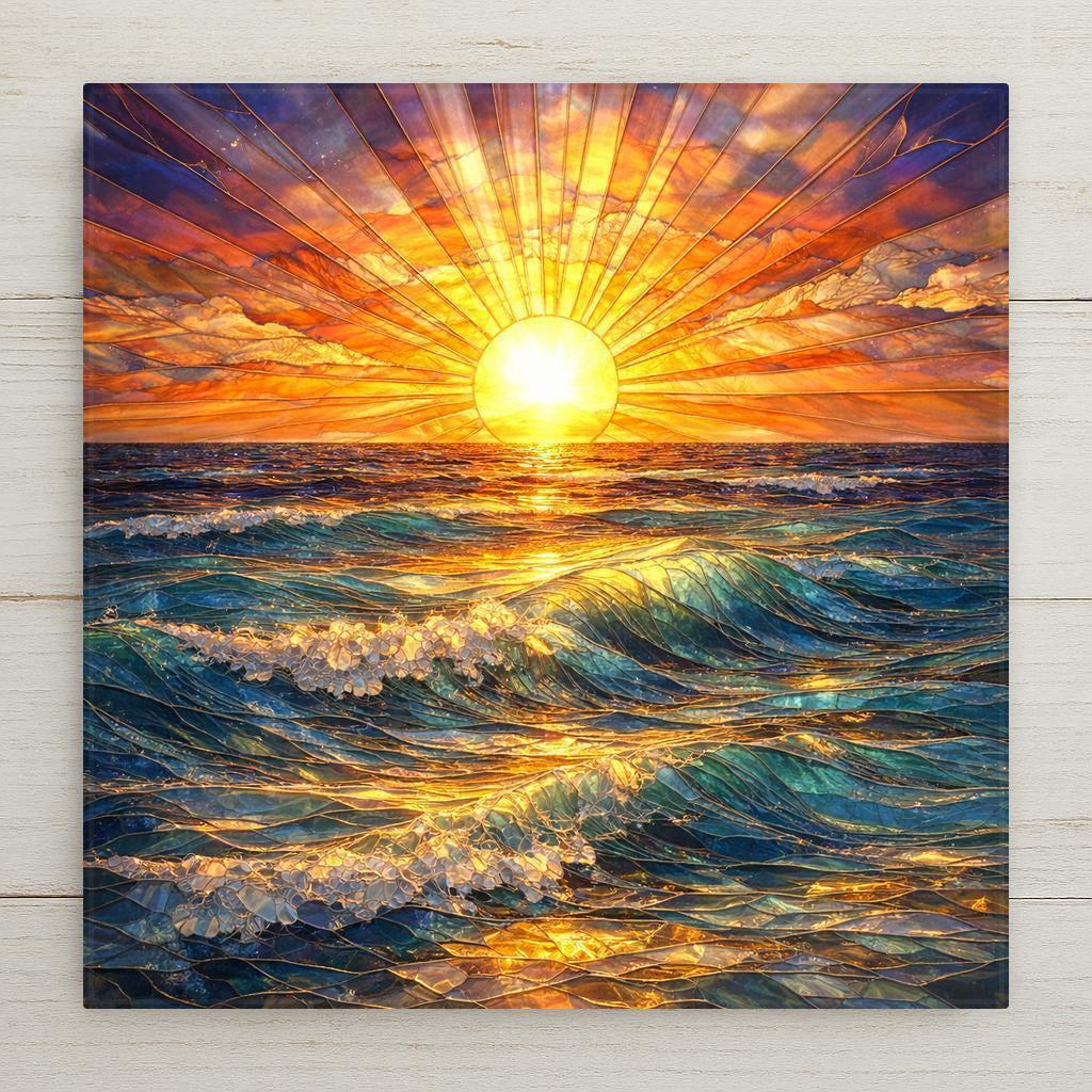 A stained glass–style ceramic tile artwork showing a golden sun rising over rolling ocean waves. Radiating sun rays fill the sky while blue and teal water reflects warm light, creating a peaceful coastal sunrise scene. Printed art on ceramic tile with optional wall hanger, easel tile stand, cork backing, or premium frame available.