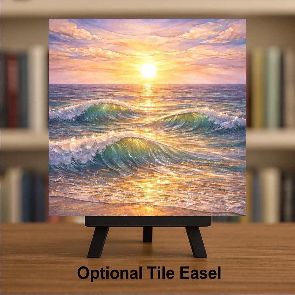 Ocean Sunset Ceramic Art Tile – Stained Glass Style Coastal Beach Wall Decor, Golden Hour Seascape Gift
