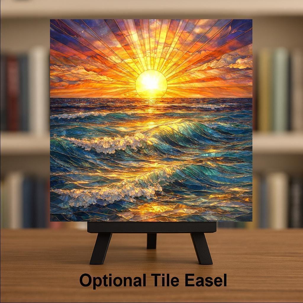 Ocean Sunrise Ceramic Tile Wall Art – Stained Glass Style Sea Waves, Coastal Wall Decor, Beach Home Decor, Golden Sun Seascape Art