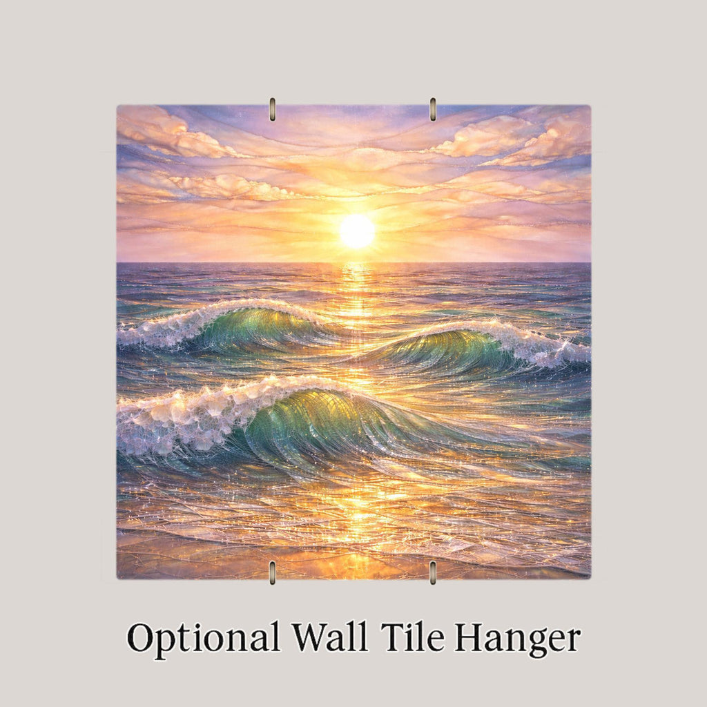 Ocean Sunset Ceramic Art Tile – Stained Glass Style Coastal Beach Wall Decor, Golden Hour Seascape Gift
