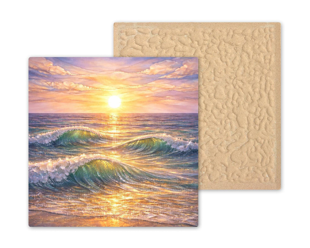 Ocean Sunset Ceramic Art Tile – Stained Glass Style Coastal Beach Wall Decor, Golden Hour Seascape Gift
