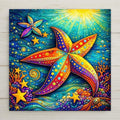 Colorful starfish ceramic tile wall art in a stained-glass style, featuring flowing ocean patterns and vibrant coastal colors. This decorative tile is a permanent print on ceramic, not real stained glass. Ideal as beach decor, wall decor, or home decor. Optional tile wall hanger, easel tile stand, cork backing, and premium frame option available.