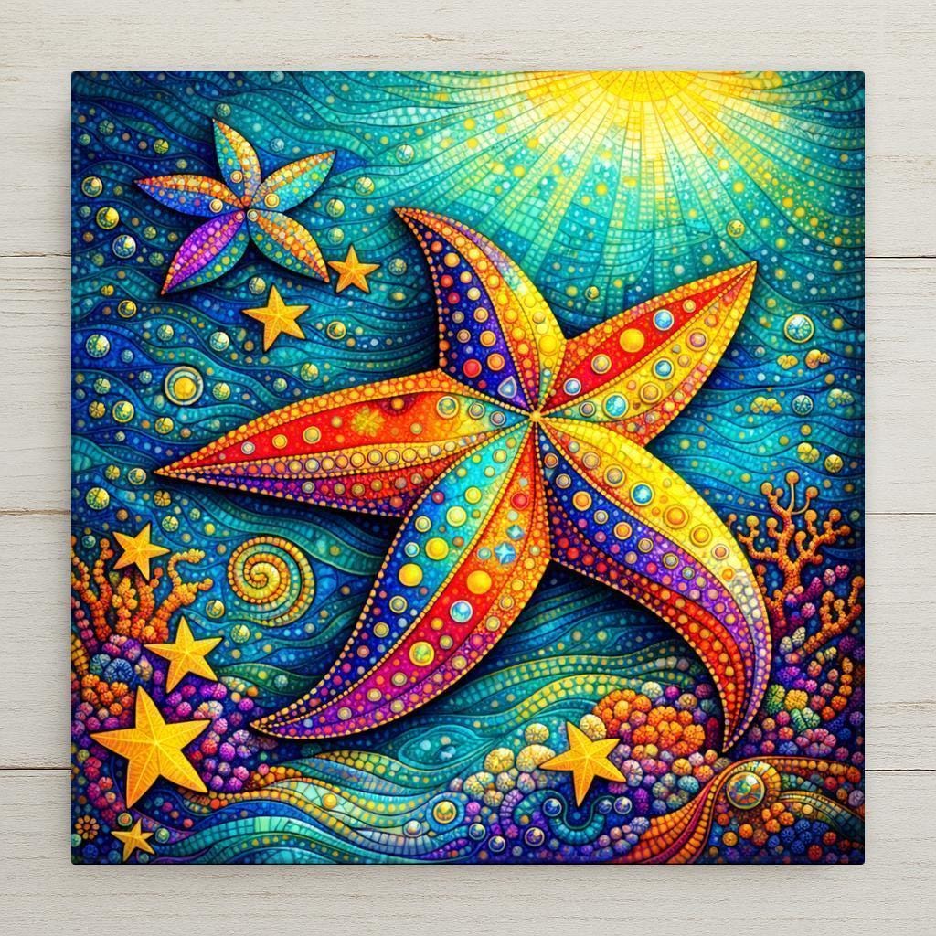 Colorful starfish ceramic tile wall art in a stained-glass style, featuring flowing ocean patterns and vibrant coastal colors. This decorative tile is a permanent print on ceramic, not real stained glass. Ideal as beach decor, wall decor, or home decor. Optional tile wall hanger, easel tile stand, cork backing, and premium frame option available.