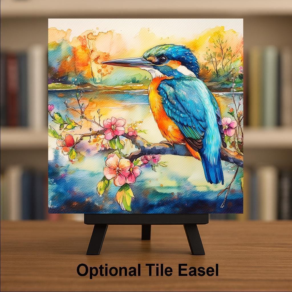 Kingfisher Cherry Blossom Wall Art Ceramic Tile Birdwatcher Gift Stained Glass Style Decor Nature Art Bird Lover Gift Tile