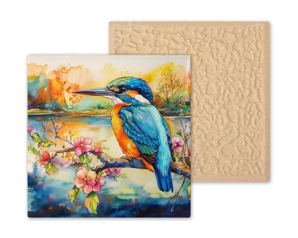 Kingfisher Cherry Blossom Wall Art Ceramic Tile Birdwatcher Gift Stained Glass Style Decor Nature Art Bird Lover Gift Tile