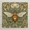 Art Nouveau bee ceramic tile wall decor featuring a detailed botanical insect illustration in soft green and gold tones. Nature-inspired home decor tile with floral patterns, perfect for cottagecore interiors, garden rooms, or vintage-style wall art displays.