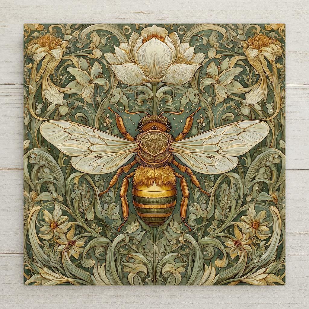 Art Nouveau bee ceramic tile wall decor featuring a detailed botanical insect illustration in soft green and gold tones. Nature-inspired home decor tile with floral patterns, perfect for cottagecore interiors, garden rooms, or vintage-style wall art displays.