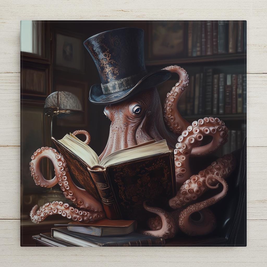 Steampunk octopus ceramic tile wall art showing a Victorian octopus in an ornate top hat reading an antique book in a dark library, moody dark academia decor with tentacles curled around leather books
