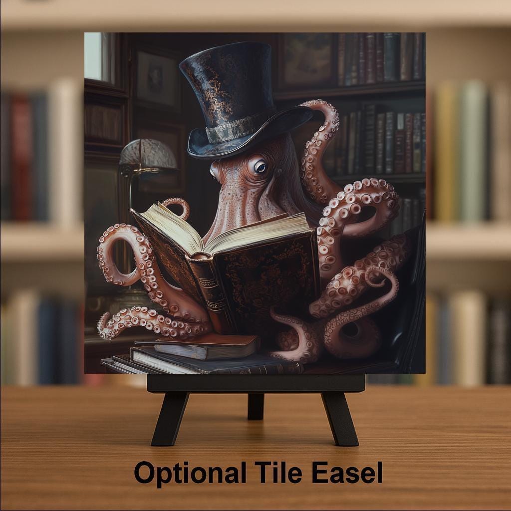 Steampunk Octopus Wall Art Ceramic Tile Dark Academia Decor Victorian Top Hat Octopus Tile Library Book Reading Art