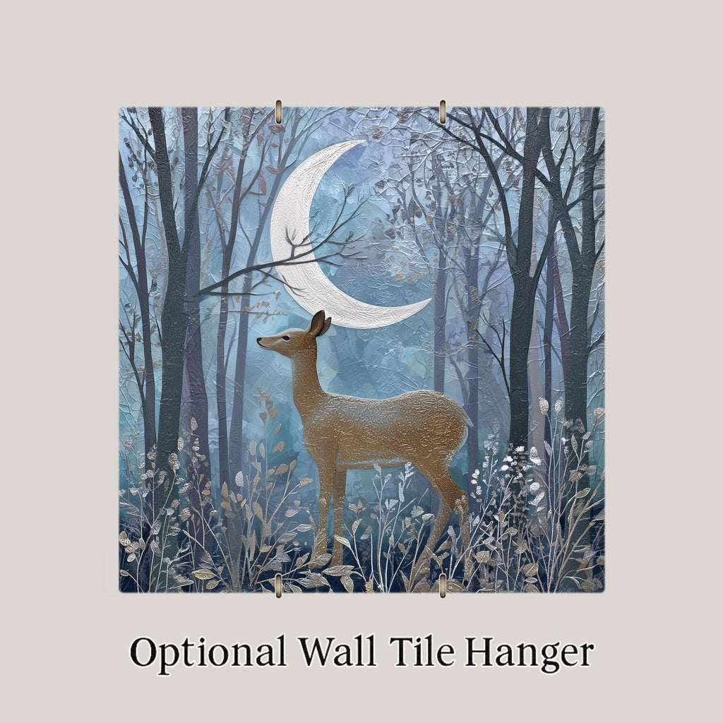 Moonlit Deer Wall Art Ceramic Tile Woodland Gift Blue Silver Decor Nature Art Deer Lover Home Gift Tile
