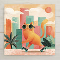 Stained glass style roller skating cat ceramic tile with a confident cat in retro sunglasses on warm amber skates against a bold electric cobalt and teal urban background, vivid pop art energy, a fun cat lover and retro home decor gift.