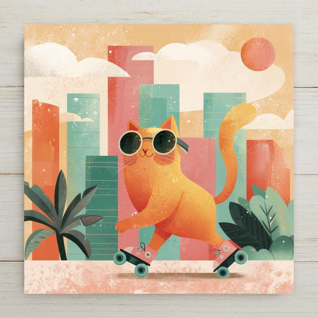 Stained glass style roller skating cat ceramic tile with a confident cat in retro sunglasses on warm amber skates against a bold electric cobalt and teal urban background, vivid pop art energy, a fun cat lover and retro home decor gift.