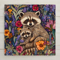 Adorable raccoon parent and baby nestled in wildflowers on a ceramic tile. William Morris and Art Nouveau-inspired forest wall art for nature lovers.