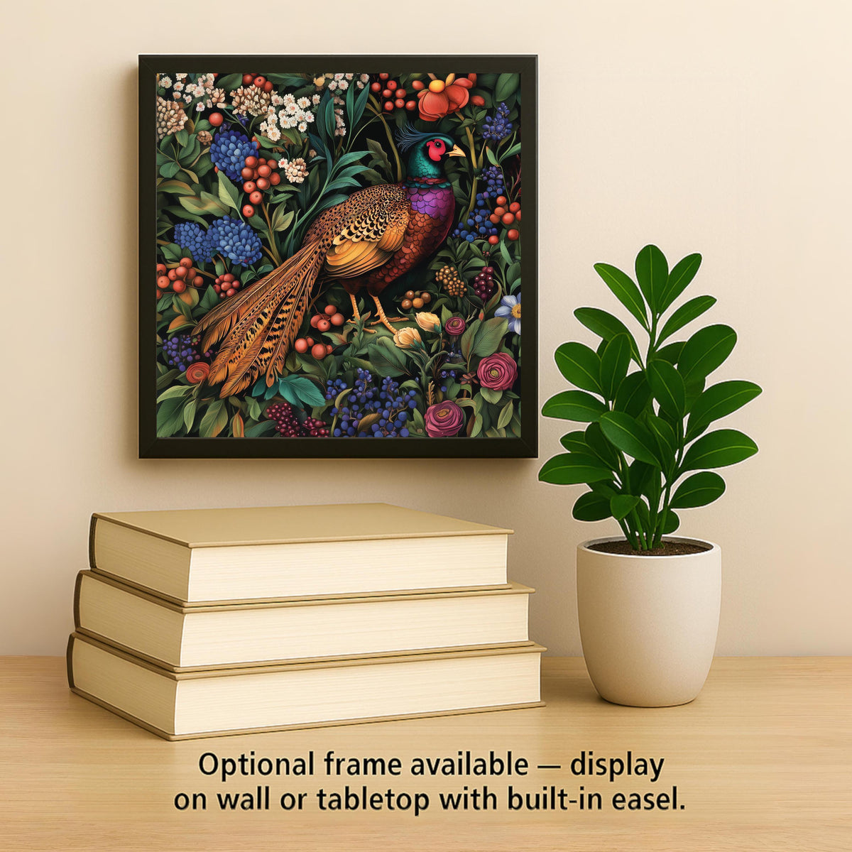Pheasant William Morris Style Ceramic Art Tile – Botanical Bird Tapestry Wall Decor, Maximalist Country Lodge Accent