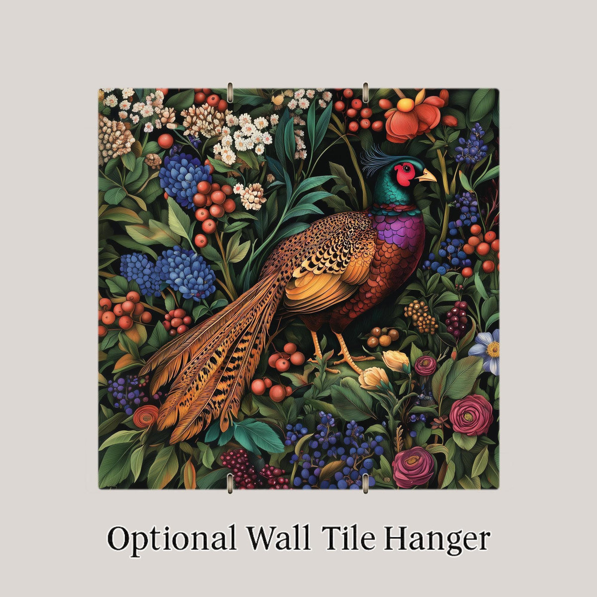 Pheasant William Morris Style Ceramic Art Tile – Botanical Bird Tapestry Wall Decor, Maximalist Country Lodge Accent