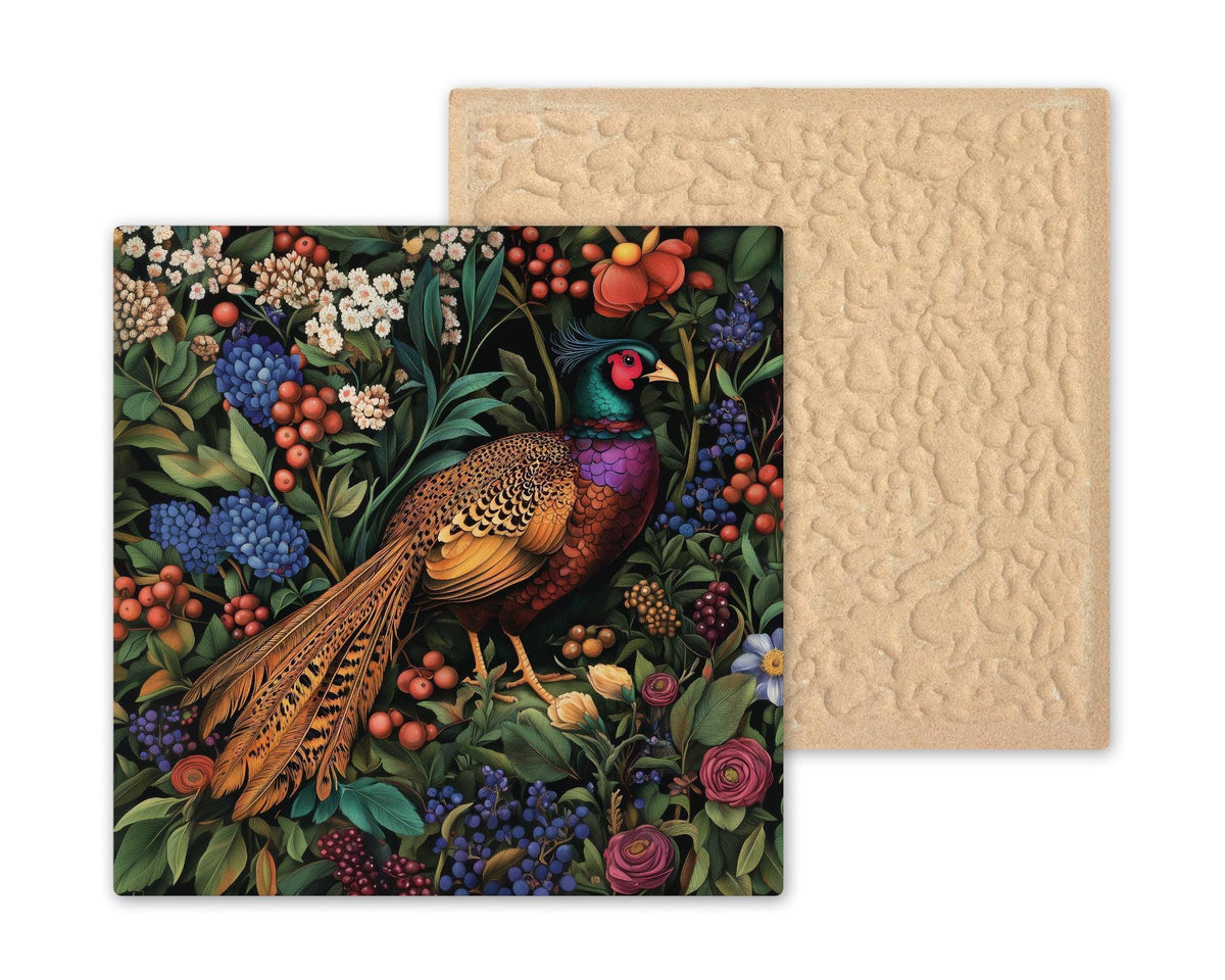 Pheasant William Morris Style Ceramic Art Tile – Botanical Bird Tapestry Wall Decor, Maximalist Country Lodge Accent