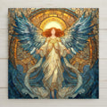 A glowing stained glass–style angel design printed on a ceramic tile featuring radiant wings, gold accents, and celestial detail. Perfect as spiritual home decor or a meaningful gift. Optional tile wall hanger, easel tile stand, cork backing, and premium frame available. Artwork is a printed design, not actual stained glass.
