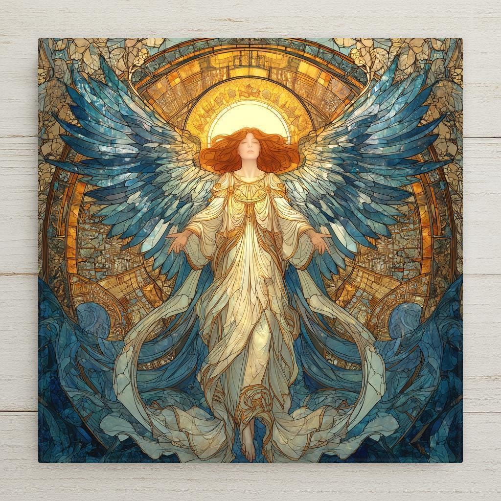 A glowing stained glass–style angel design printed on a ceramic tile featuring radiant wings, gold accents, and celestial detail. Perfect as spiritual home decor or a meaningful gift. Optional tile wall hanger, easel tile stand, cork backing, and premium frame available. Artwork is a printed design, not actual stained glass.