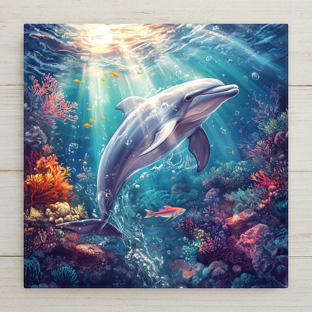 Celebrate the beauty of marine life with this Dolphin Ceramic Art Tile. Featuring a vibrant dolphin swimming through a coral reef, it's perfect for coastal decor, beach homes, or bathrooms. Durable and easy to clean, it’s ideal as wall art or a functional accent.
