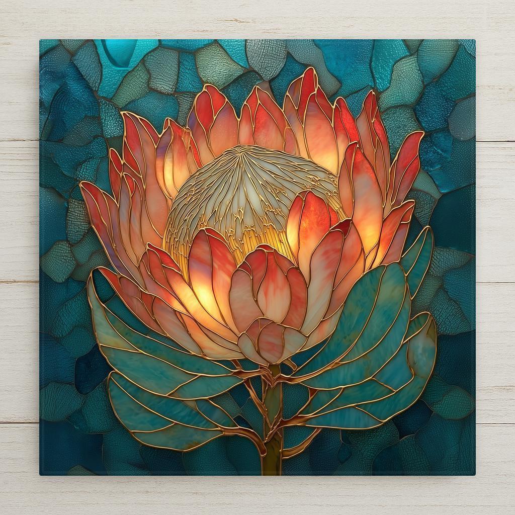 Stained glass style protea flower botanical wall art ceramic tile featuring coral and peach protea petals with golden linework on a deep teal mosaic background, nature home decor.