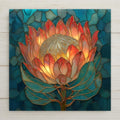 Stained glass style protea flower botanical wall art ceramic tile featuring coral and peach protea petals with golden linework on a deep teal mosaic background, nature home decor.