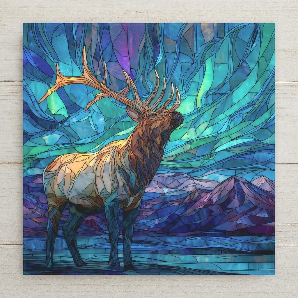 stained glass style elk with glowing aurora sky and mountain scene
