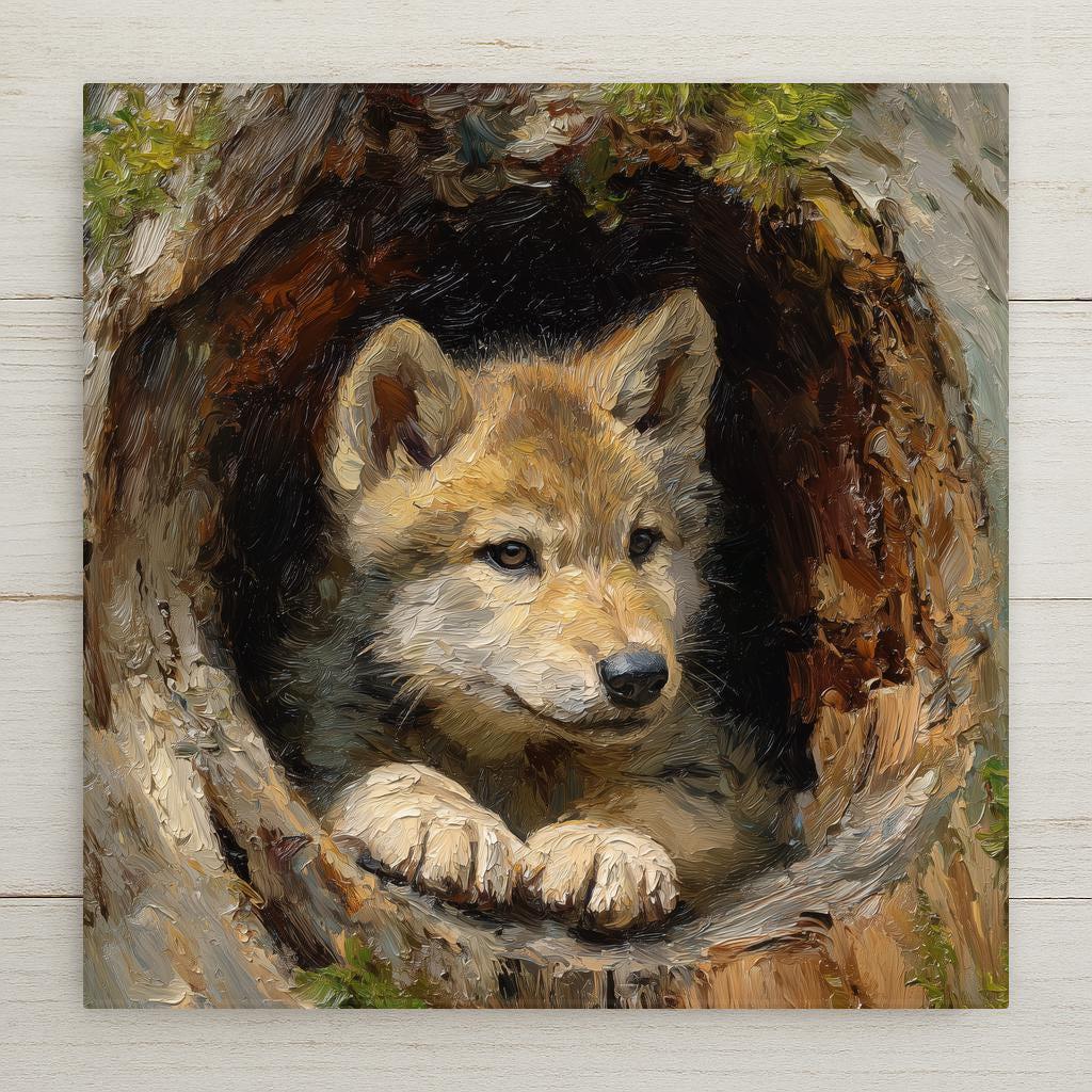 Adorable wolf pup ceramic tile with warm woodland colors, perfect for wall art, home decor, nursery decor, or cabin styling. Optional tile wall hanger, easel stand, cork backing, and premium dual-use frame available.