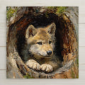 Adorable wolf pup ceramic tile with warm woodland colors, perfect for wall art, home decor, nursery decor, or cabin styling. Optional tile wall hanger, easel stand, cork backing, and premium dual-use frame available.
