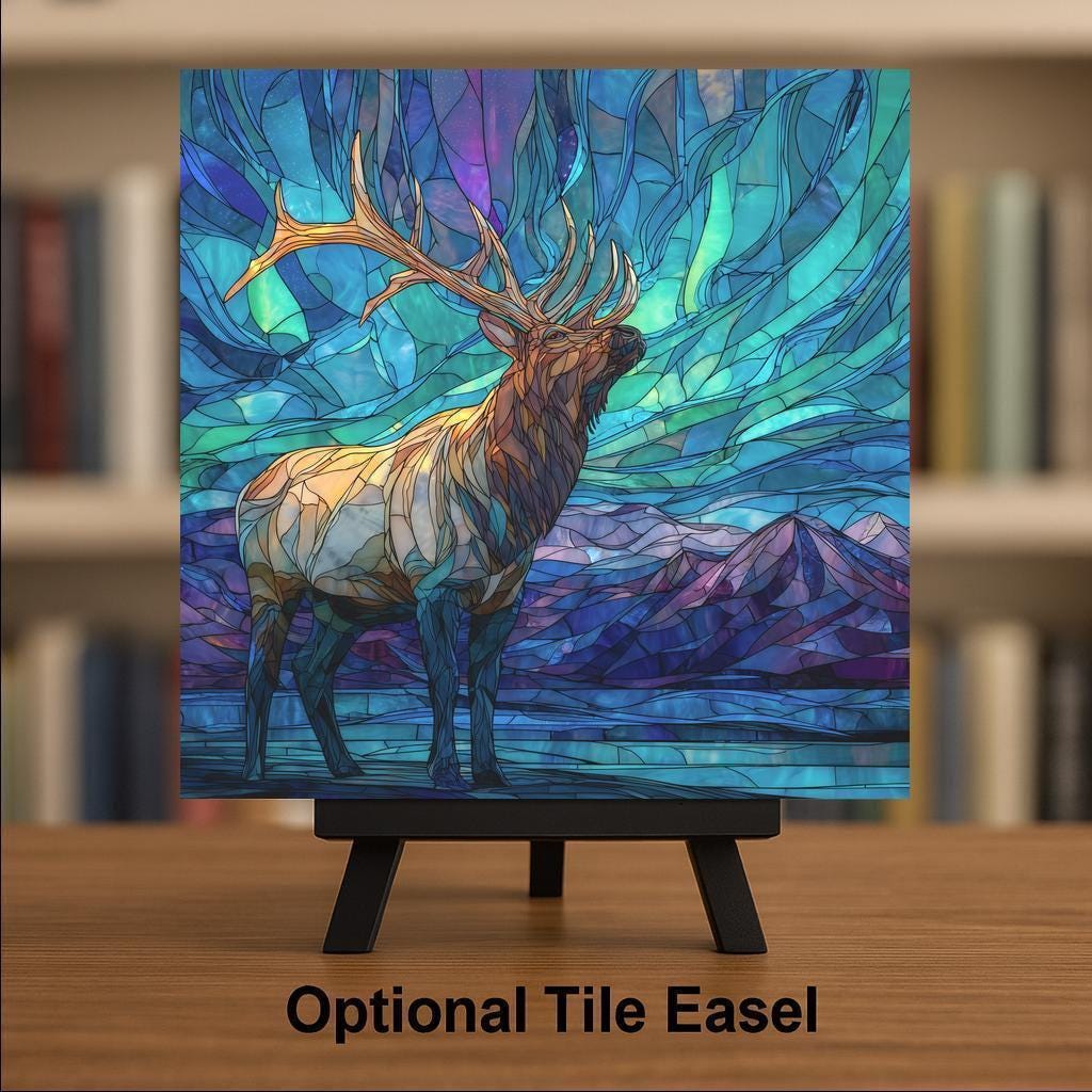 Elk Wall Art Ceramic Tile Stained Glass Style Aurora Gift Wildlife Decor Wilderness Nature Cabin Art