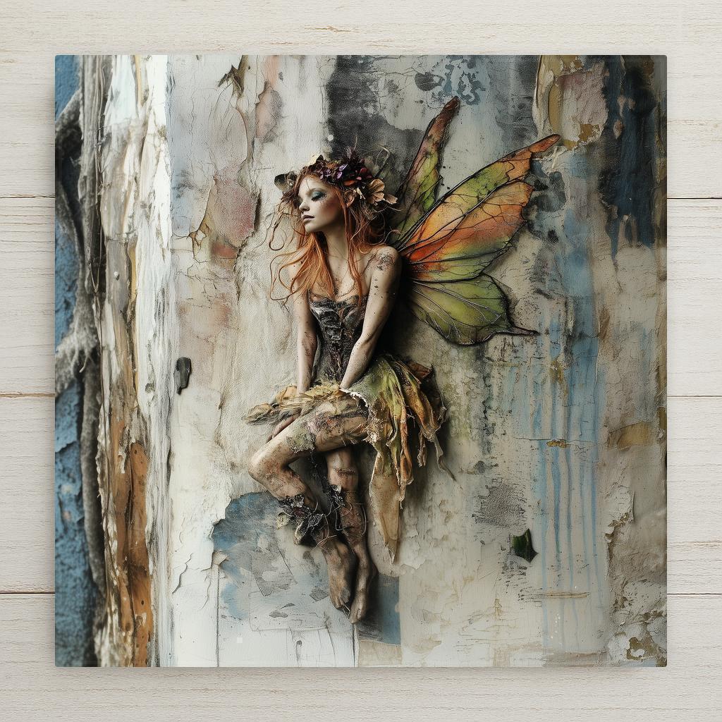 This earthy fairy ceramic tile art features an autumn-winged fairy with a rustic dress and floral crown, resting against a textured wall. With natural tones and a weathered look, it's ideal for fairycore, boho, or woodland decor lovers. A soulful and magical art tile.