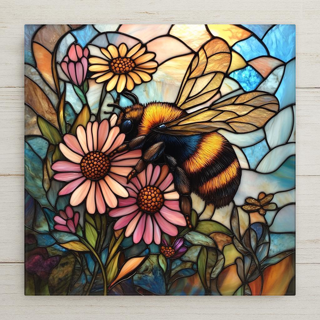 This stained glass-style ceramic tile wall art features a bumblebee and wildflowers in vibrant summer hues. A perfect handmade gift or home decor accent.