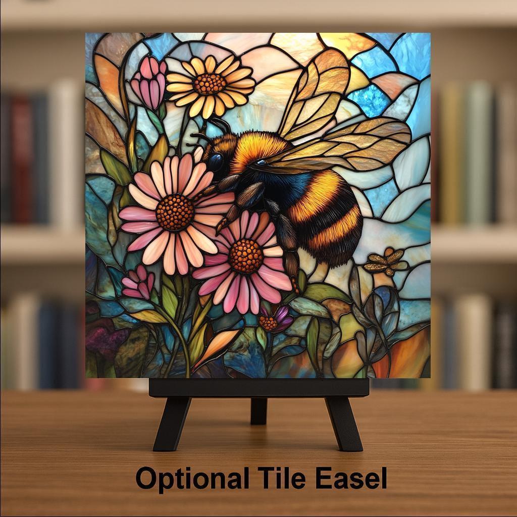 Bumblebee Wall Art Ceramic Tile Garden Gift Stained Glass Style Decor Nature Art Bee Lover Cottagecore Gift Tile