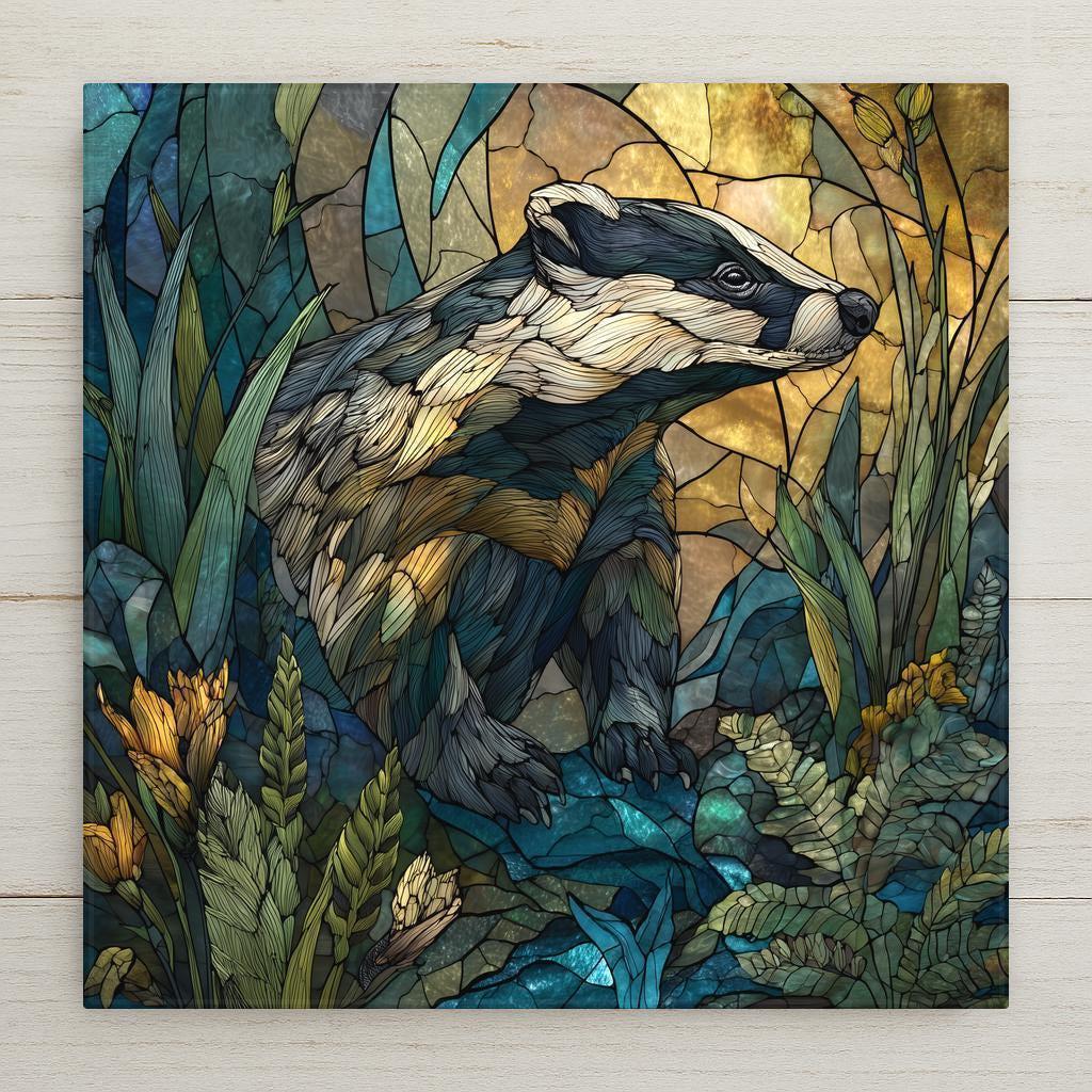 Stained-glass style ceramic tile featuring a woodland badger with glowing colors and rustic forest details. Printed permanently on ceramic (not real stained glass). Optional tile wall hanger, easel stand, cork backing, and premium frame available for versatile display.
