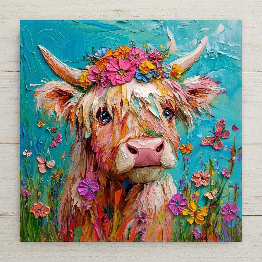 This Highland Cow Ceramic Tile wall decor features a multicolored cow with a floral crown in a field of wildflowers and butterflies. A joyful, rustic wall art piece for farmhouse or cottagecore decor. Optional hanger, tile stand, or cork backing available.