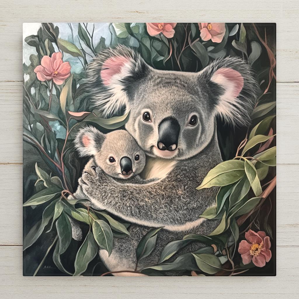 Koala mother and joey ceramic tile art, Audubon-inspired. Touching wildlife scene in eucalyptus with flowers. Perfect gift for animal lovers.