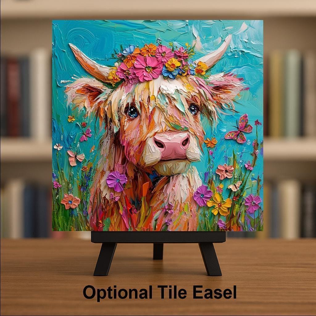 Highland Cow Wall Art Ceramic Tile Farmhouse Gift Kitchen Decor Cow Lover Gift Floral Crown Farm Tile