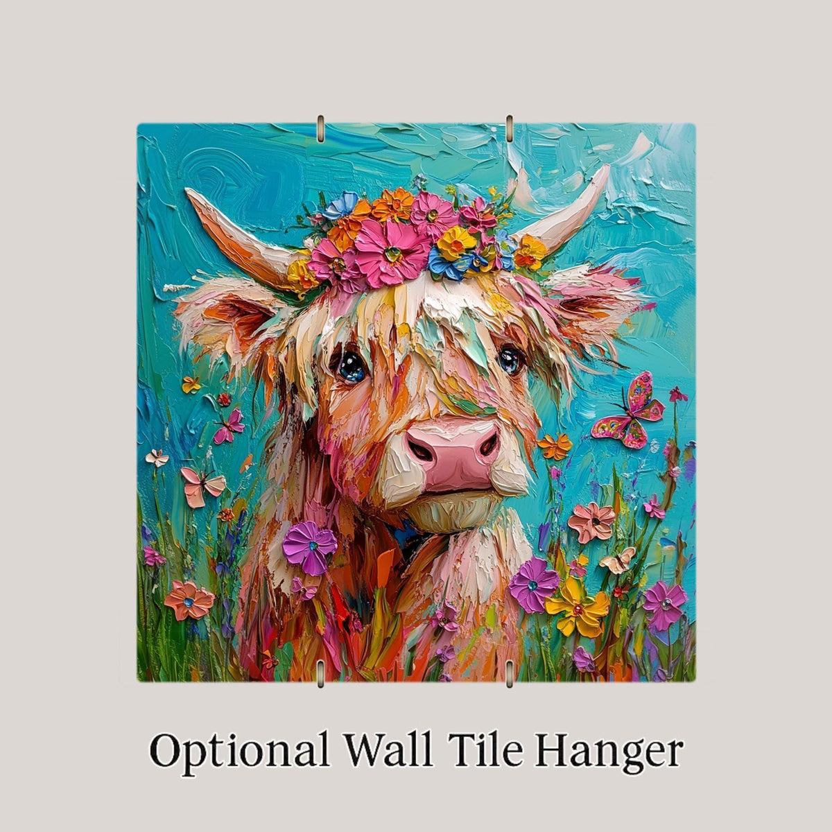 Highland Cow Wall Art Ceramic Tile Farmhouse Gift Kitchen Decor Cow Lover Gift Floral Crown Farm Tile