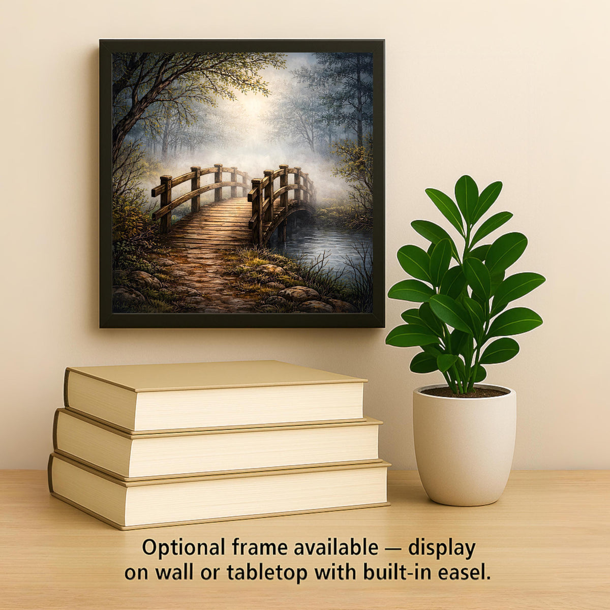 Foggy Woodland Bridge Peaceful Wall Art Ceramic Tile – Stained Glass Style, Nature Inspired Home Decor