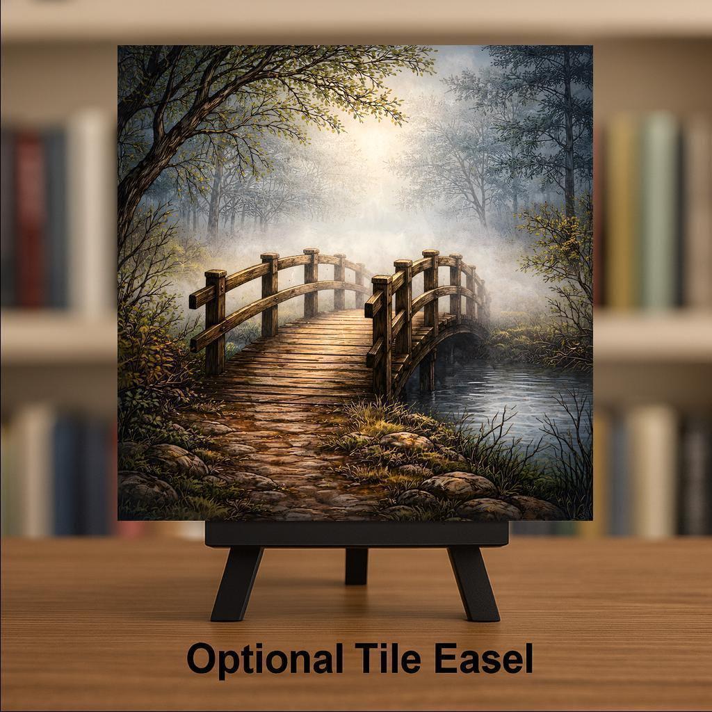 Foggy Woodland Bridge Peaceful Wall Art Ceramic Tile – Stained Glass Style, Nature Inspired Home Decor