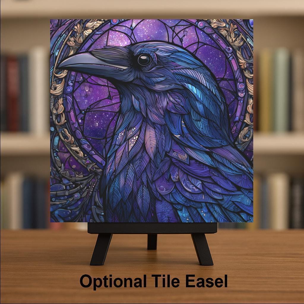 Raven Wall Art Ceramic Tile Stained Glass Style Mystical Night Sky Decor Gothic Bird Design Dark Forest Art Gift Tile